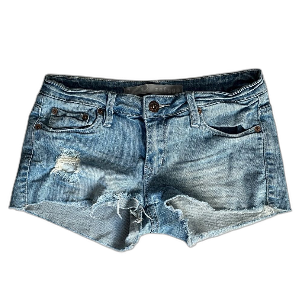 Refuge Distressed Denim Cutoff Shorts Light Wash Festival Y2K Low Rise Size 5
